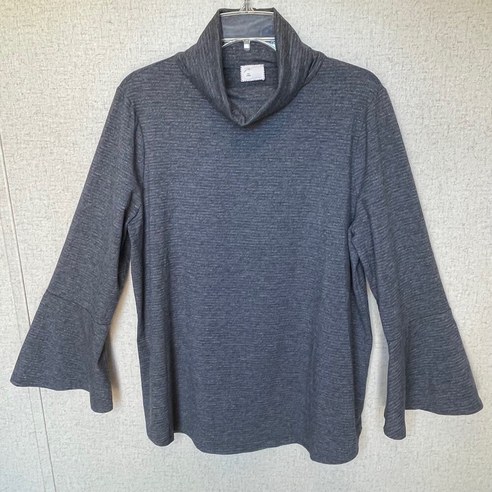 Anthropologie 9-H15 Stcl LARGE grey metallic stripe trumpet sleeve turtle neck